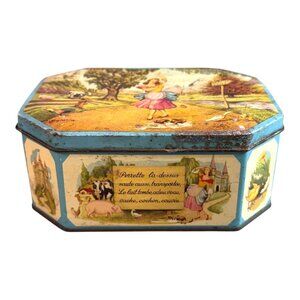 Vintage Pomona Octagonal Tin Box Fairy Tale Illustrations Jewelry Box Trinket